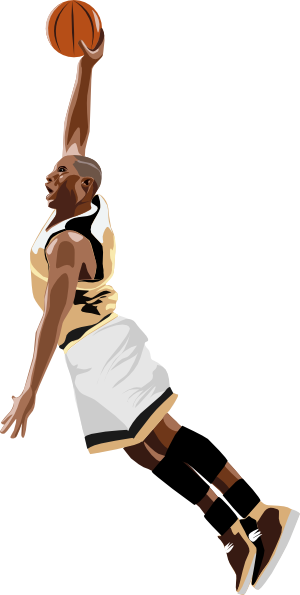 Athlete in gold and white uniform leaping to dunk a basketball mid-air, dynamic action pose.