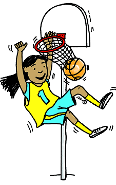 A smiling girl in a yellow jersey dunks a basketball through a hoop, mid-air with dynamic motion lines.