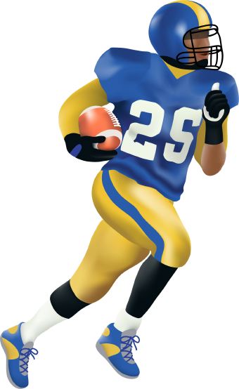 American football player in blue and gold uniform, number 25, running with the ball.