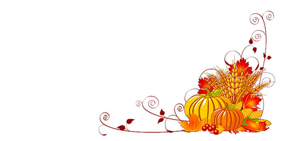Autumn harvest illustration with pumpkins, wheat, and swirling fall leaves in warm orange, red, and yellow tones.