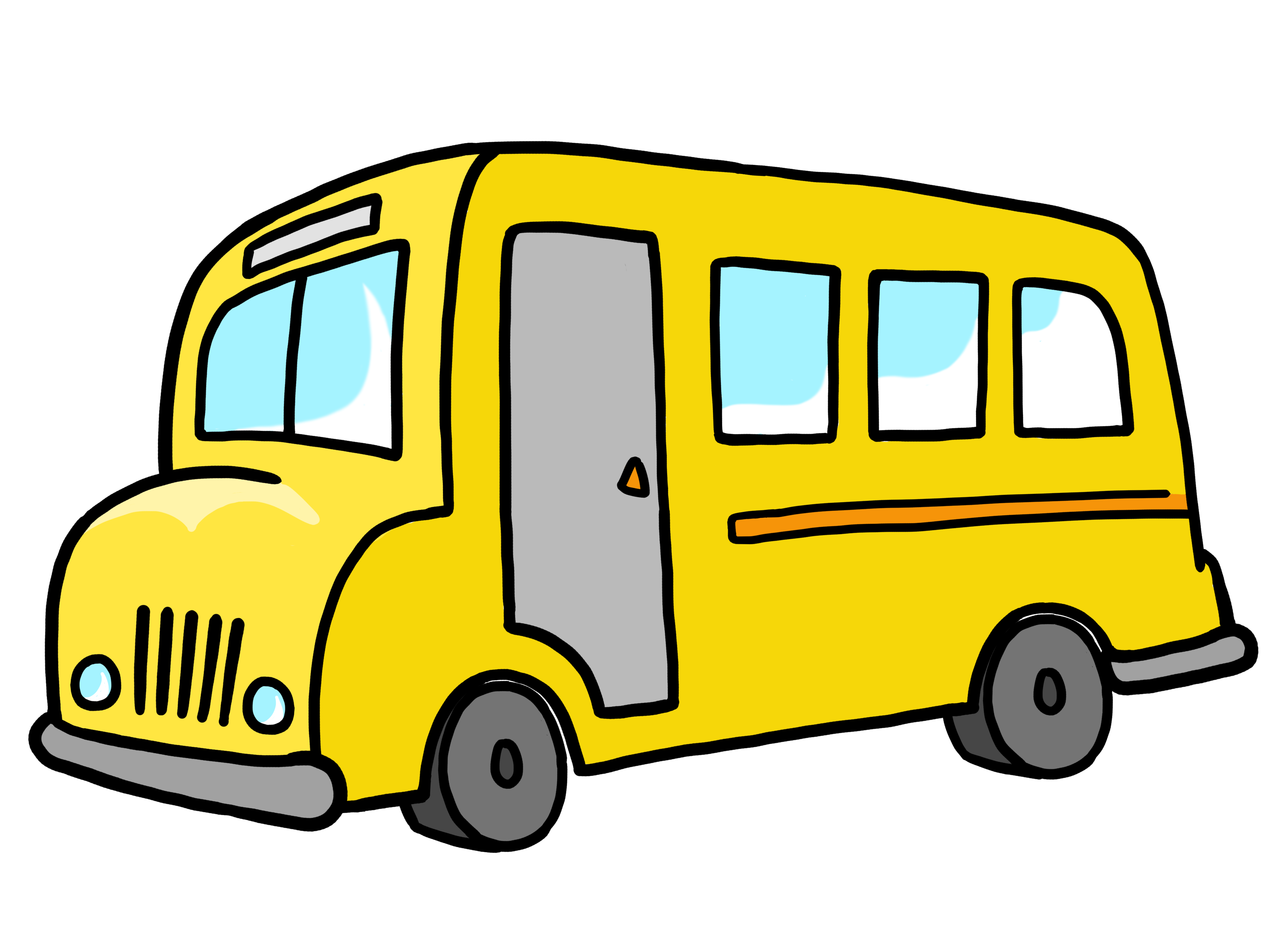 Bright yellow cartoon school bus with gray door, blue windows, and orange stripe, viewed from side.