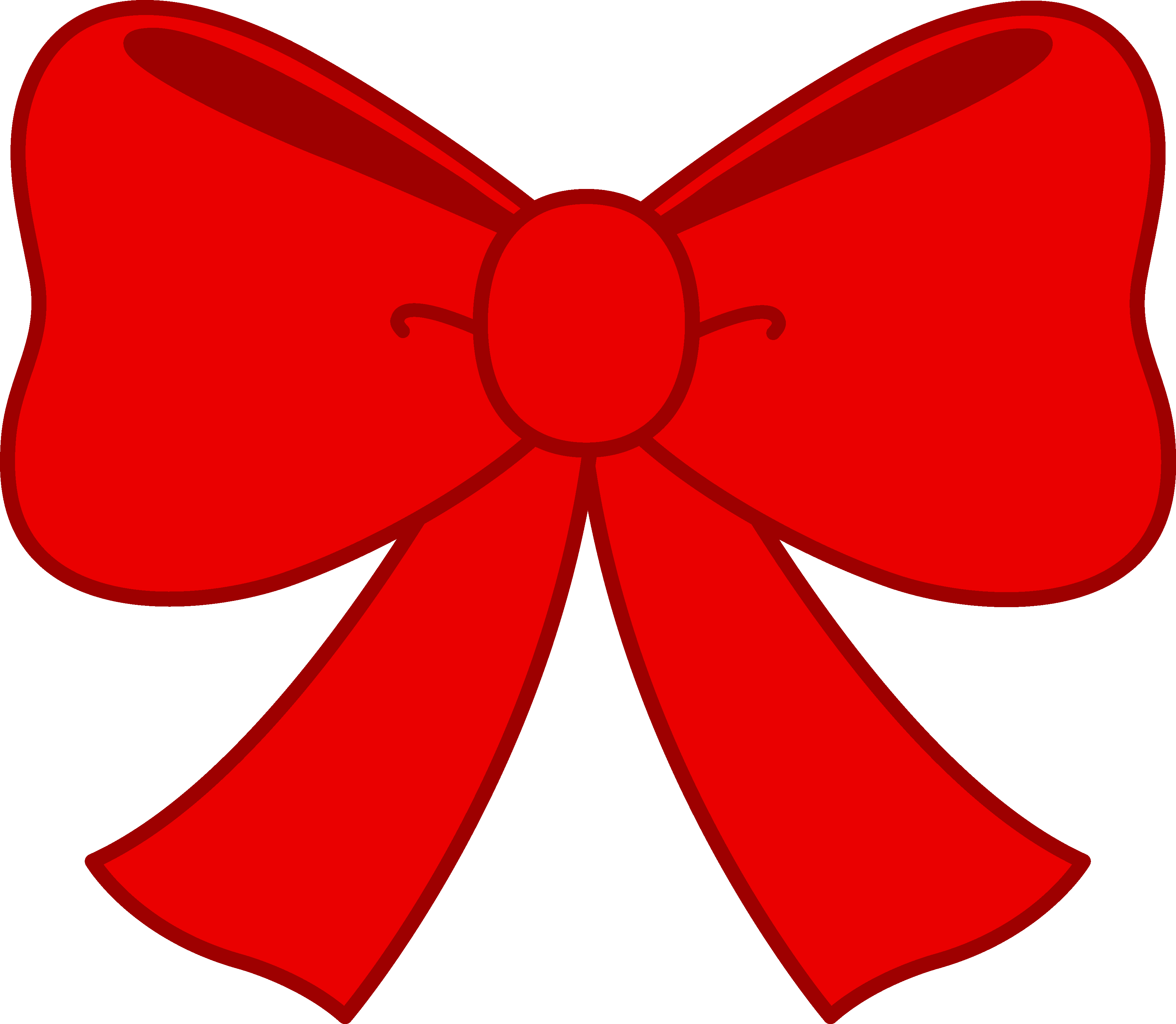 Vibrant red gift bow with symmetrical loops and trailing ribbons, outlined in dark red for contrast.