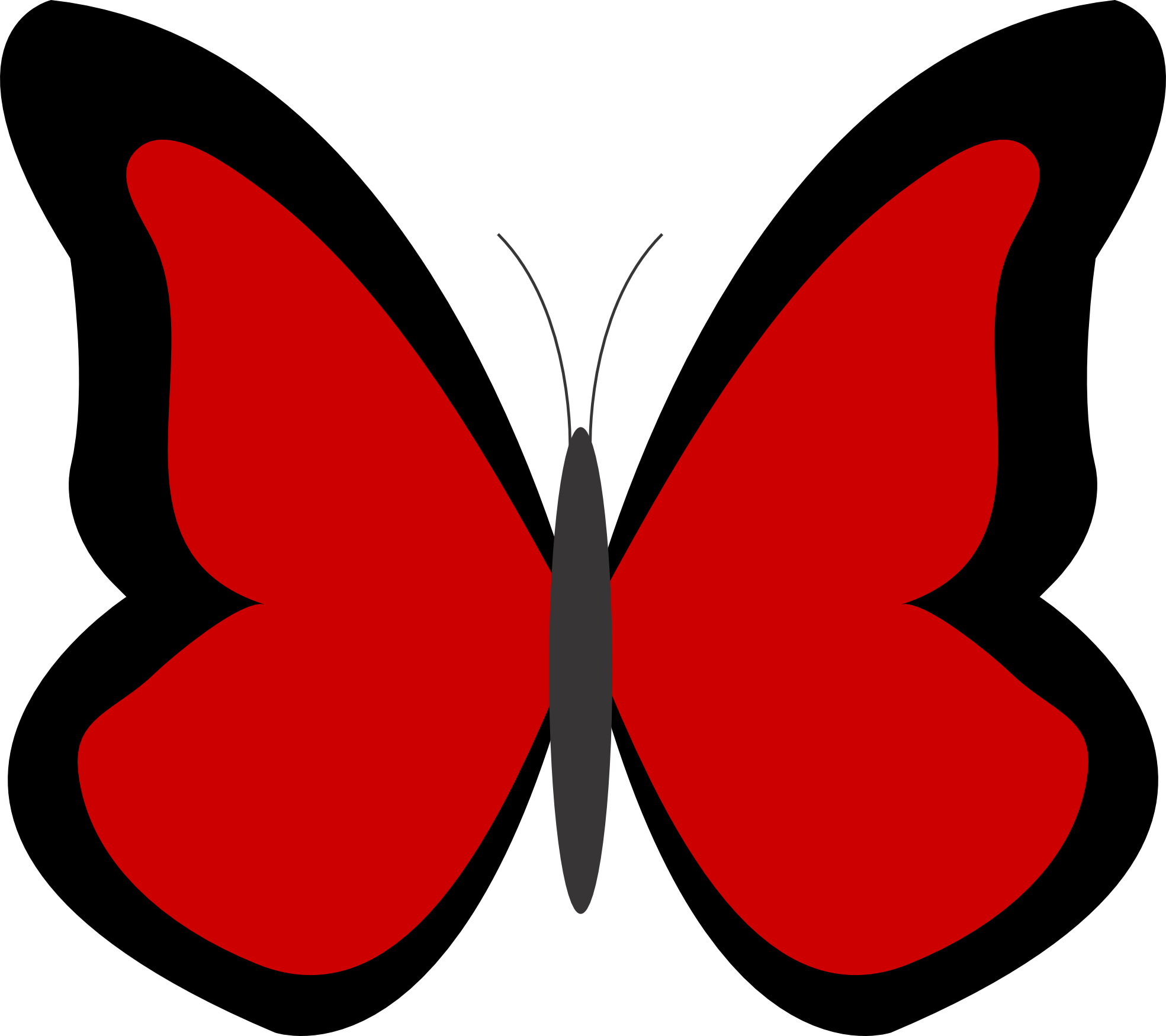 Red butterfly with black wing outlines and gray body, symmetrical vector illustration on white background.