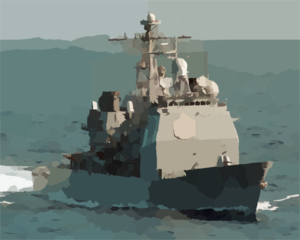 A modern naval warship sailing on open ocean waters with radar arrays and weaponry visible on deck.