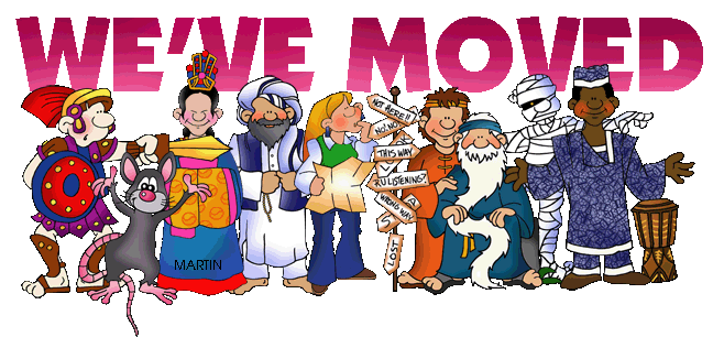 Colorful cartoon characters from diverse cultures and eras stand together under bold text "WE'VE MOVED", with a mouse holding a sign labeled "MARTIN".