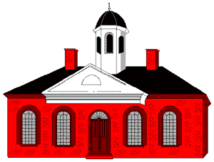 Red brick colonial-style building with white cupola, arched windows, and central wooden door.