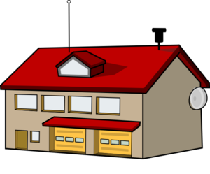 Cartoon-style two-story house with red roof, garage doors, and satellite dish.