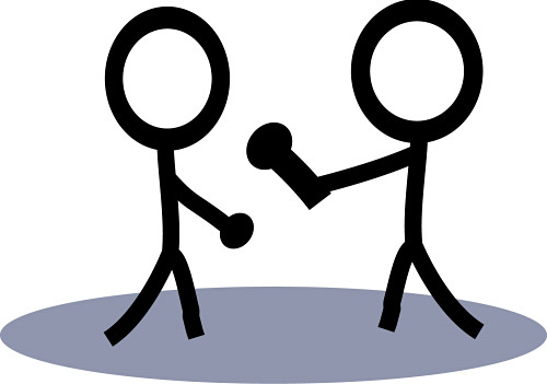 Two stick figures shaking hands on a gray oval base, symbolizing agreement or partnership.
