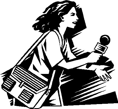 A stylized black-and-white illustration of a female journalist holding a microphone and carrying a press bag, in motion.