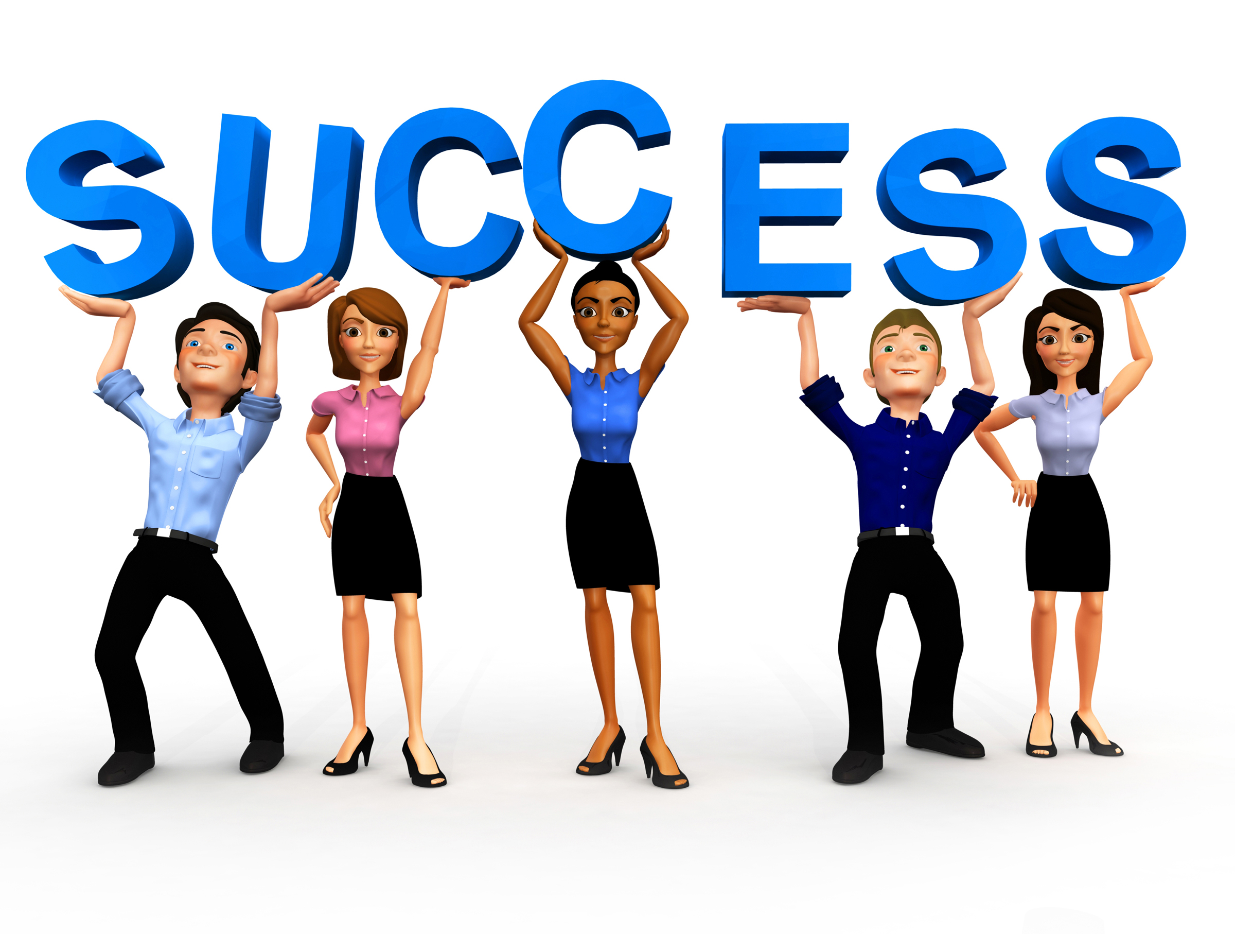 Five diverse cartoon business professionals lifting large blue 3D letters spelling "SUCCESS" against a white background.