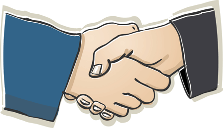 Two hands shaking in a professional handshake, symbolizing agreement or partnership.