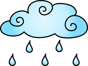 Blue cartoon cloud with swirling patterns and five raindrops falling below.