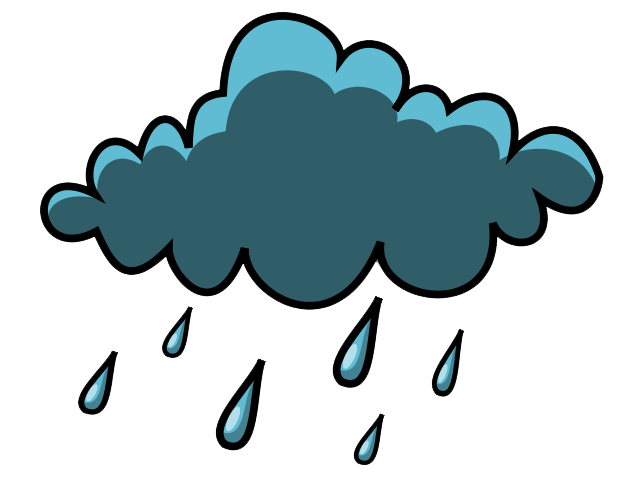 A cartoon-style storm cloud with lightning bolts and raindrops falling below, in teal and blue tones.