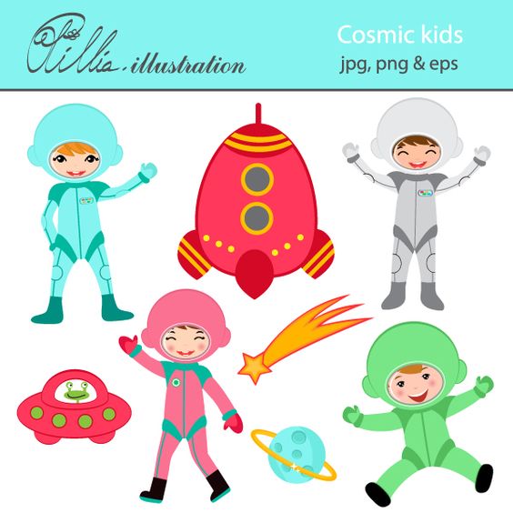 This cute Cosmic kids set comes with 8 cliparts including happy 