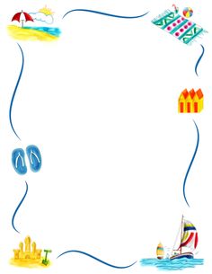 Colorful summer-themed border illustration with beach umbrella, flip-flops, sandcastle, sailboat, towel, and lighthouse.