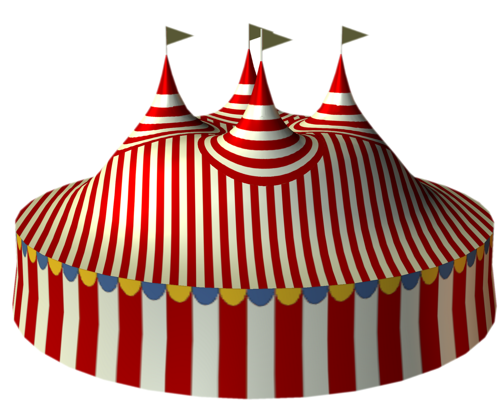 Classic red-and-white striped circus tent with multiple peaks and decorative flags against black background.