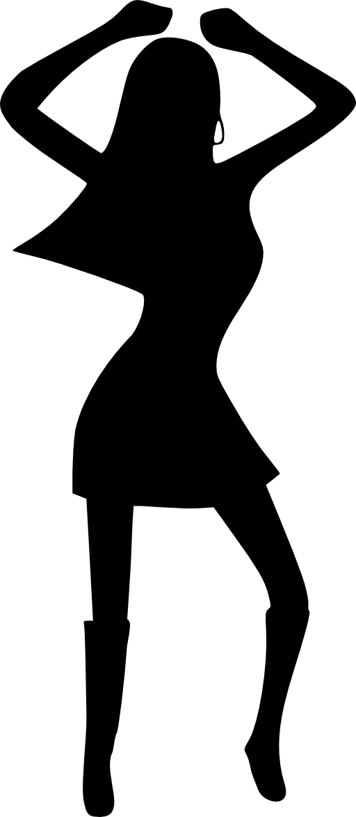 Silhouette of a woman in a flowing dress with arms raised, evoking grace and confidence.
