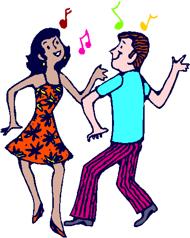 A cheerful cartoon couple dancing together with colorful musical notes floating above them.
