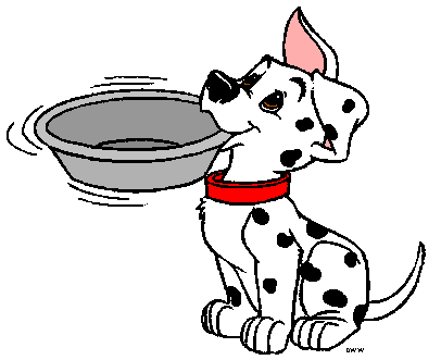A cartoon Dalmatian puppy with a red collar sits beside an empty, spinning water bowl, looking up expectantly.