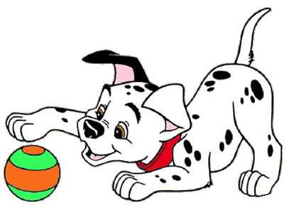 A happy cartoon Dalmatian puppy with black spots and a red collar playfully paws at a green-and-orange striped ball.