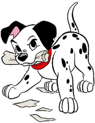 A mischievous Dalmatian puppy chewing on paper with a guilty expression, wearing a red collar and pink ear tag.