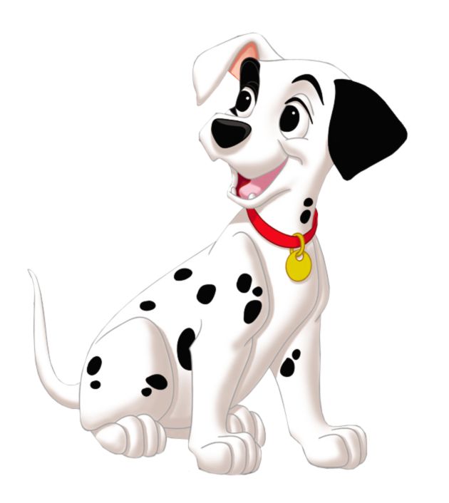 Happy cartoon Dalmatian puppy with black spots, red collar, and gold tag, sitting and smiling.