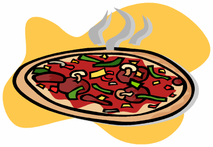 Steaming hot pizza topped with mushrooms, bell peppers, onions, and cheese on a yellow background.