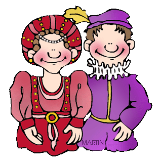 Two cheerful medieval-style characters-a woman in a red dress with a jeweled headdress and a man in a purple tunic with ruffled collar-smiling side by side.