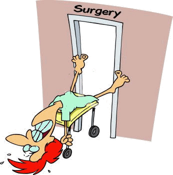 Cartoon patient tumbling off a hospital gurney toward a surgery door, arms flailing and eyes wide with panic.