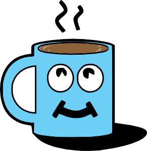 A cheerful blue cartoon coffee mug with eyes, a smile, and steam rising from hot coffee inside.