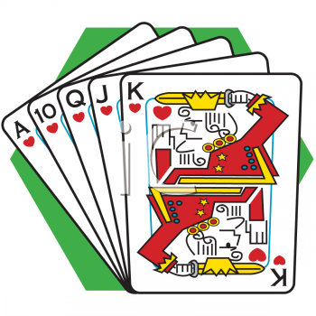 Royal flush in hearts-Ace, 10, Jack, Queen, King-fanned on a green background.