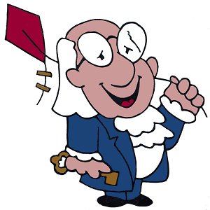 Cheerful cartoon judge in blue robe and white wig holding a red flag and gavel, smiling broadly.