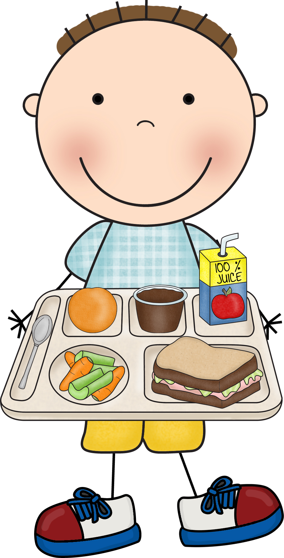 Smiling cartoon boy holding a school lunch tray with sandwich, fruit, veggies, juice, and dessert.