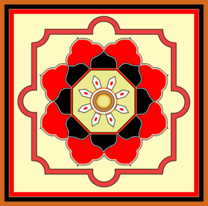 Symmetrical floral mandala with red, black, and cream geometric patterns in ornate frame.
