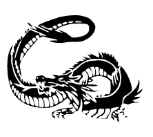 Black-and-white stylized Chinese dragon coiled dynamically with open jaws and flowing mane.
