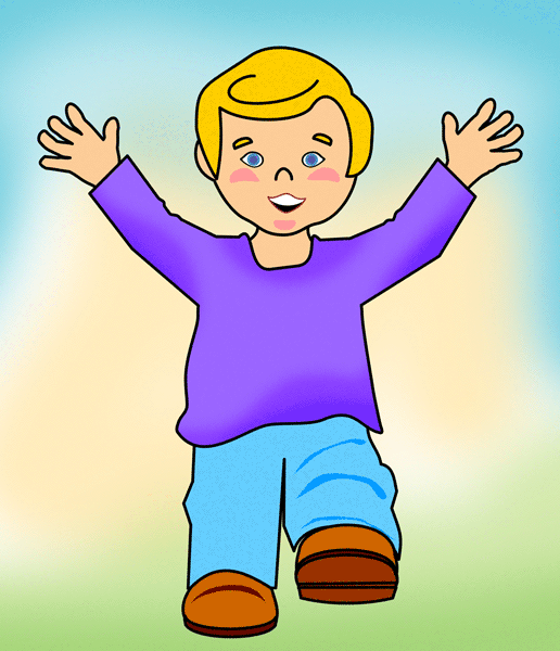 Happy cartoon boy with blonde hair, purple shirt, and blue pants raising arms joyfully against a soft gradient background.