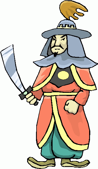 A cartoon-style warrior in ornate red and teal robes, wearing a wide-brimmed hat with a feather, holding a curved sword.