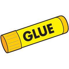 A bright yellow glue stick with bold black "GLUE" text, cartoon-style illustration on white background.