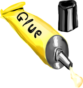 Yellow glue tube with black cap, labeled "Glue", dispensing adhesive onto a white background.