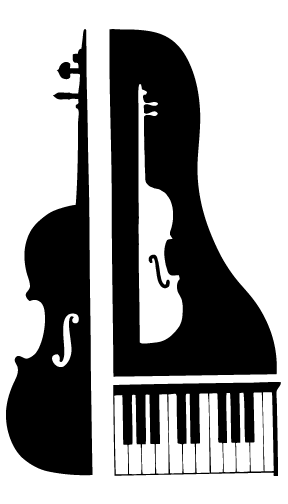 Black silhouette illustration of a violin, cello, and piano keyboard arranged vertically.