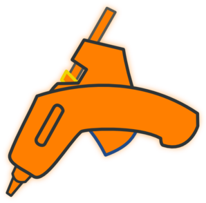 Orange illustrated glue gun icon with black outline and blue accent details.
