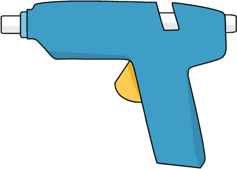 Blue hot glue gun with yellow trigger, isolated on black background.