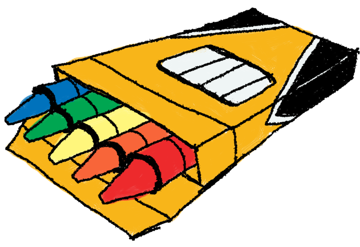 Yellow crayon box with six colorful crayons (blue, green, yellow, orange, red) spilling out, hand-drawn style.