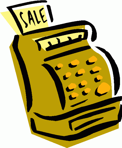 Vintage yellow cash register with "SALE!" receipt emerging from top.