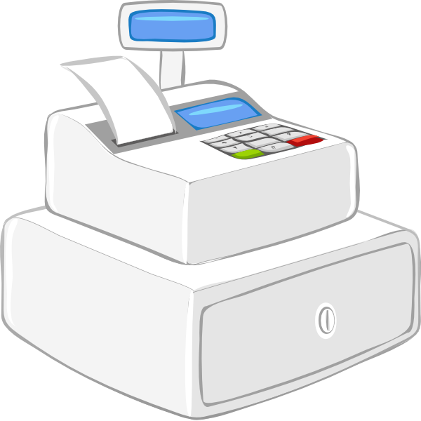 White cartoon-style cash register with receipt printer, numeric keypad, and customer display screen.