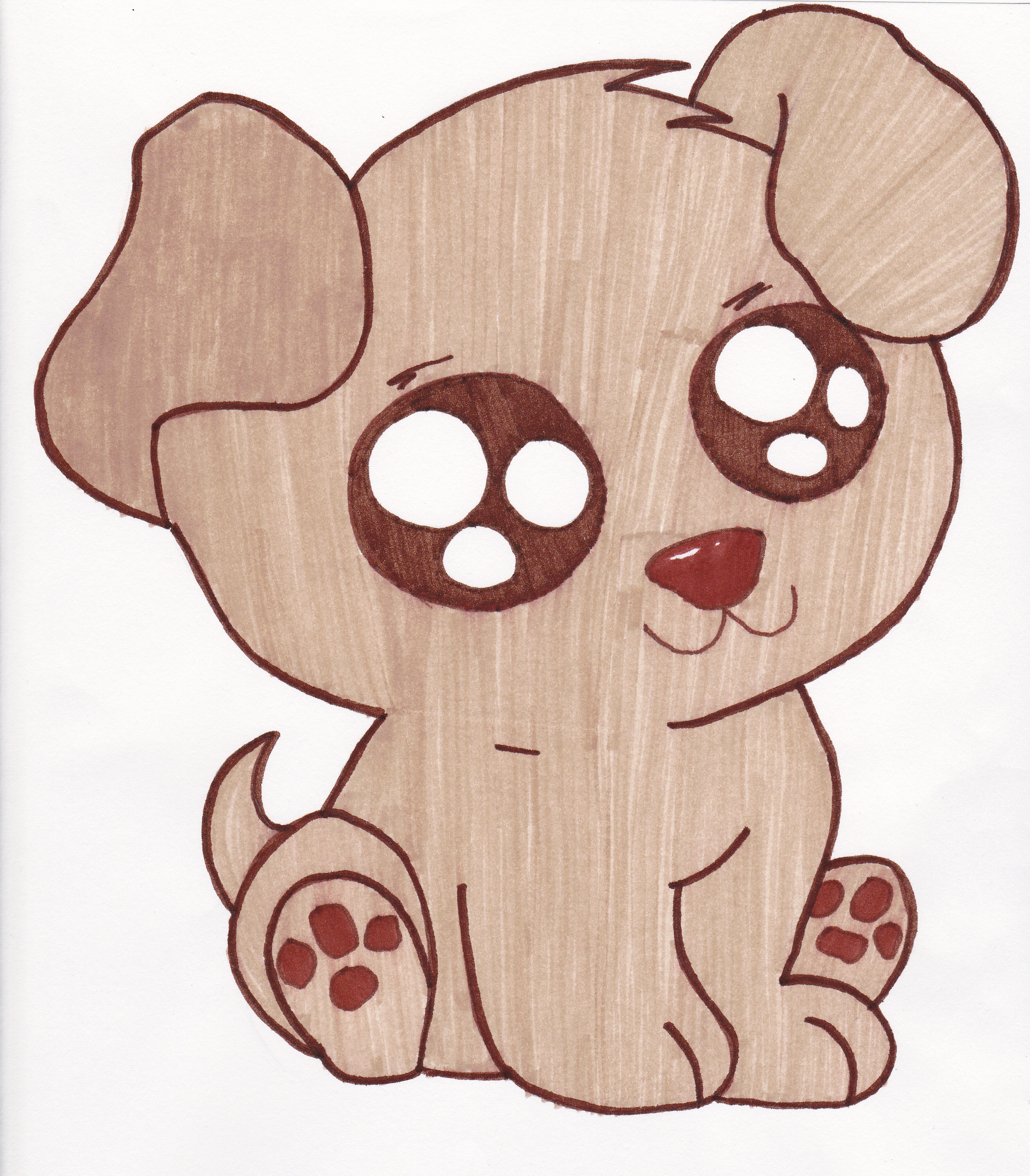 Cute hand-drawn cartoon puppy with oversized eyes, floppy ears, and a smiling face, colored in warm browns.