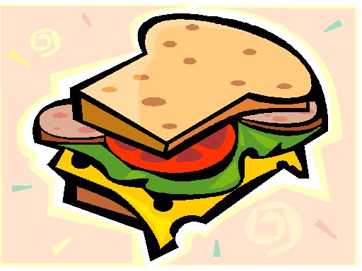 Cartoon-style sandwich with bread, lettuce, tomato, cheese, and meat on a pastel background.