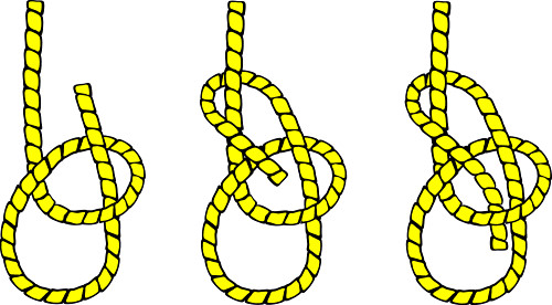 Step-by-step illustration of tying a bowline knot using yellow rope, showing loop formation, tucking, and tightening.