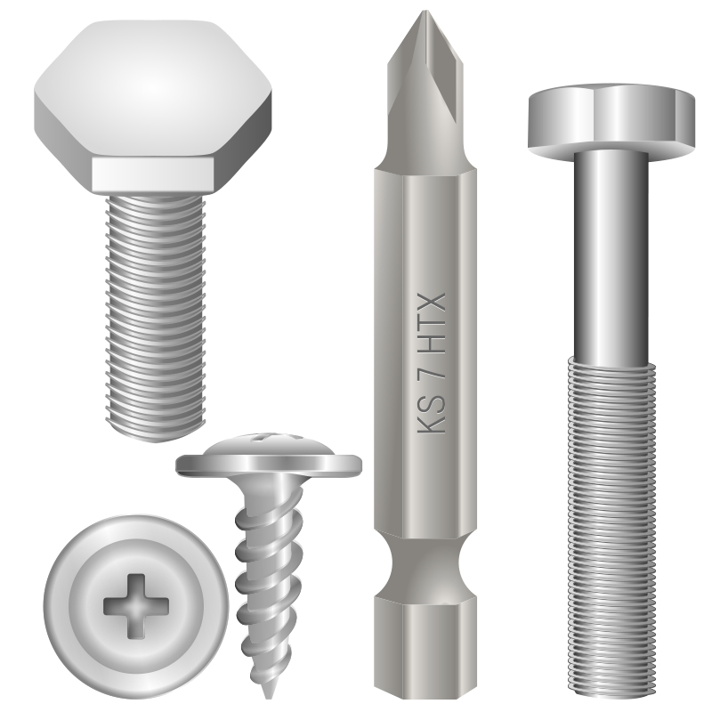 Collection of stainless steel fasteners including hex head bolt, Phillips screw, flat head screw, and KS7 HTX driver bit.
