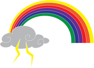 A vibrant rainbow arches over a gray storm cloud with two yellow lightning bolts striking downward.